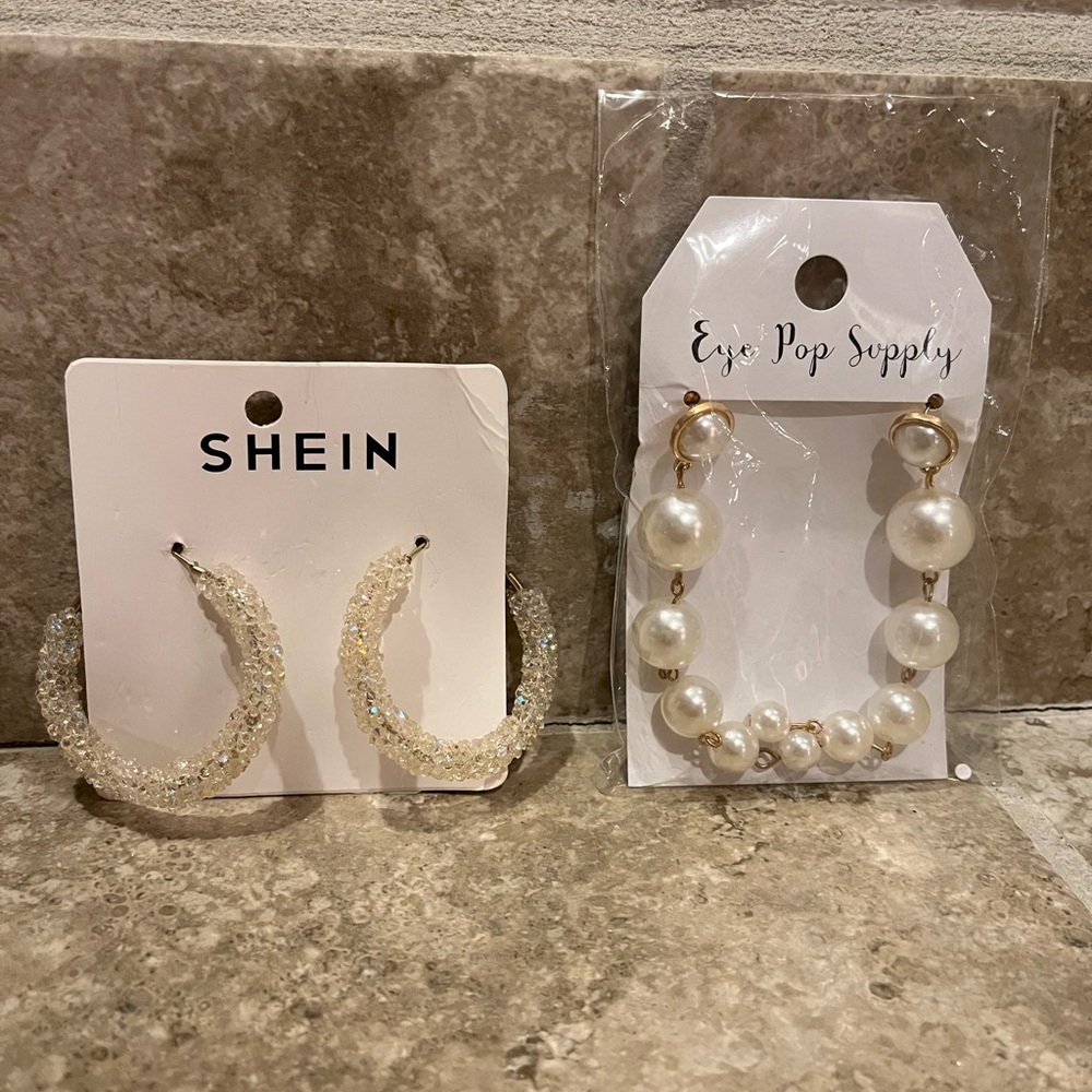 2 pairs of earrings, SHEIN Crystal Hoop and Eye Pop Supply Pearl Earrings